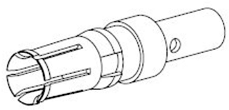 Rysunek czarno-biały złącza elektrycznego z cylindryczną obudową i kilkoma rowkami na końcu.