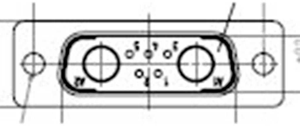 Rysunek techniczny złącza z wieloma okręgami i oznaczeniami, przedstawiający rozmieszczenie pinów i punktów mocowania.