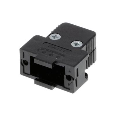Czarny, prostokątny złącz z dwoma metalowymi śrubami na górnej powierzchni, odpowiedni do połączeń elektronicznych.