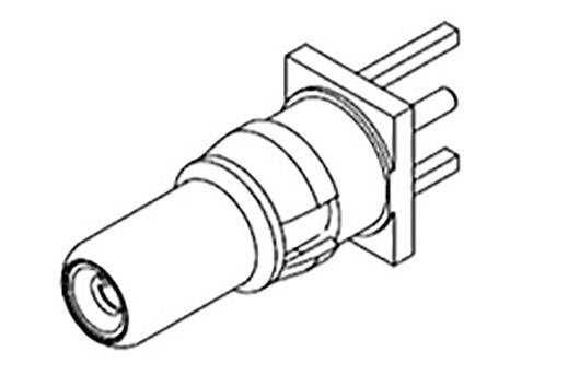 Rysunek techniczny przedstawia złącze współosiowe z prostokątną podstawą, cylindrycznym gniazdem i trzema stykami przyłączeniowymi.