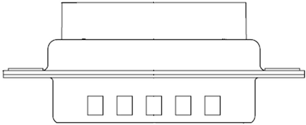 Rysunek techniczny prostokątnego złącza z pięcioma kwadratowymi stykami ułożonymi w jednym rzędzie, widok z boku.