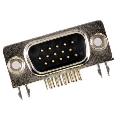 Wtyk DB15 z 15 stykami w trzech rzędach, często stosowany do połączeń wideo analogowego. Obudowa metalowa z otworami mocującymi.