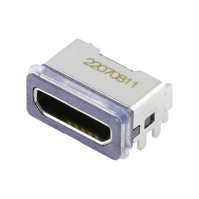 'Srebrzysto-metalowy złącz HDMI do urządzeń elektronicznych, obudowa metalowa, kształt prostokątny ze złotymi stykami.'