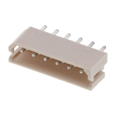 Różowe, sześciobiegunowe złącze elektryczne z wystającymi stykami metalowymi, stosowane do połączeń elektronicznych.