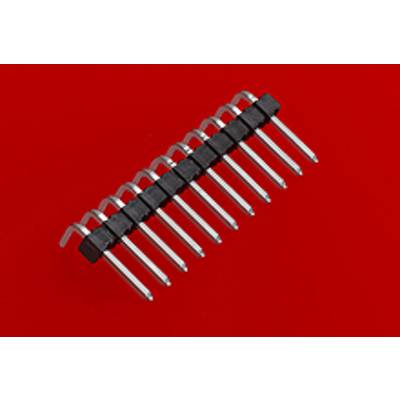 Elektroniczny element składowy z wieloma metalowymi stykami, ułożonymi w dwóch równoległych rzędach, na czerwonym tle.