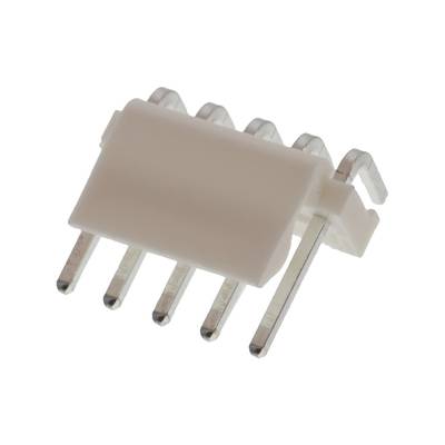 Biały, prostokątny elektryczny złącz z pięcioma metalowymi stykami, stosowany do podłączania elementów elektronicznych.