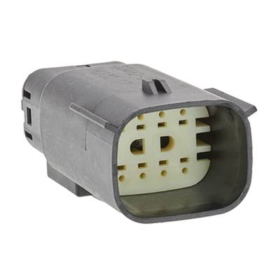 Czarny, prostokątny adapter wtykowy z wieloma punktami przyłączeniowymi wewnątrz, stosowany do połączeń elektrycznych w pojazdach.