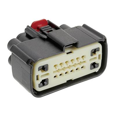 Czarny, prostokątny elektryczny złącz z wieloma punktami przyłączeniowymi.