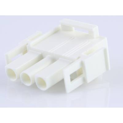 Biała, trójbiegunowa wtyczka plastikowa, widok z przodu. Widoczna szczegółowa struktura, służąca do połączenia elektrycznego.