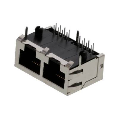 Podwójne złącze RJ45, metalowe, do montażu na płytce drukowanej, widok z góry z widocznymi stykami.