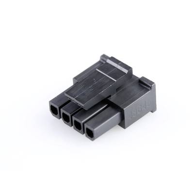 Czterobolcowy czarny wtyk plastikowy, często stosowany w połączeniach elektrycznych w komputerach. Przedstawia widok gniazda ze wgłębionymi stykami.