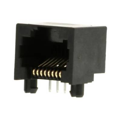 Czarny wtyk modularny RJ11 z wieloma metalowymi stykami do połączeń elektrycznych, typowo stosowany w przewodach telefonicznych.