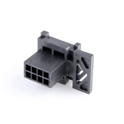 Czarny wtyk plastikowy z wieloma złączami i uchwytem bocznym, stosowany do połączeń elektrycznych.