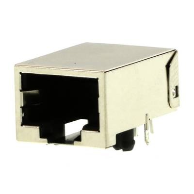 Pojedynczy wtyk RJ45 z metalu, o prostokątnym kształcie z otworem do podłączenia kabla. Stosowany w połączeniach sieciowych.