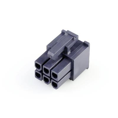 Czarny elektryczny wtyk z sześcioma kwadratowymi stykami ułożonymi w dwóch rzędach.