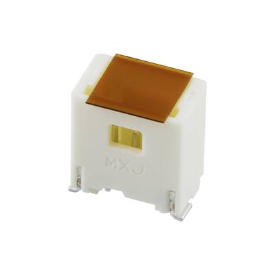 Biała elektroniczna komponenta z prostokątnym, brązowym elementem na górze. Na nim znajdują się litery 'MXJ'.