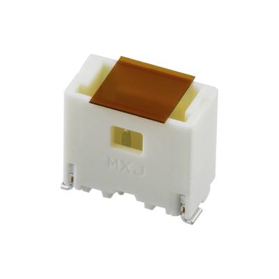 Prostokątny element elektroniczny z białą obudową i pomarańczowym paskiem z tworzywa sztucznego na górze leży na białym tle.