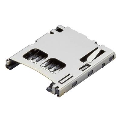 Metalowy, pusty slot na kartę microSD o smukłej konstrukcji z wieloma stykami przyłączeniowymi, przeznaczony do urządzeń mobilnych.