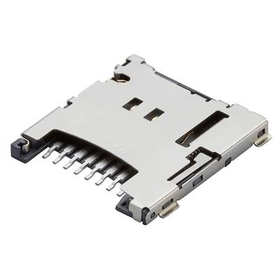 Gniazdo karty SD, otwarte i puste, z widocznymi stykami metalowymi. Używane głównie w urządzeniach elektronicznych do rozszerzania pamięci.