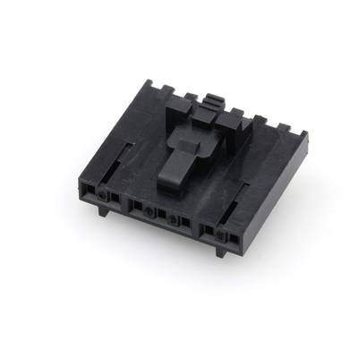 Czarna plastikowa część z wieloma otworami i centralnym zaciskiem. Prawdopodobnie złącze do zastosowań elektronicznych.