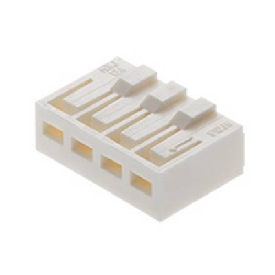 Biały wtyk plastikowy z czterema prostokątnymi otworami i wypukłymi szczegółami. Stosowany w połączeniach elektronicznych.