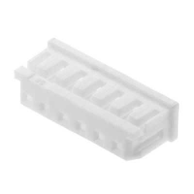 Biały, prostokątny wtyk z tworzywa sztucznego wyposażony w kilka gniazd przeznaczonych do podłączania elementów elektronicznych.