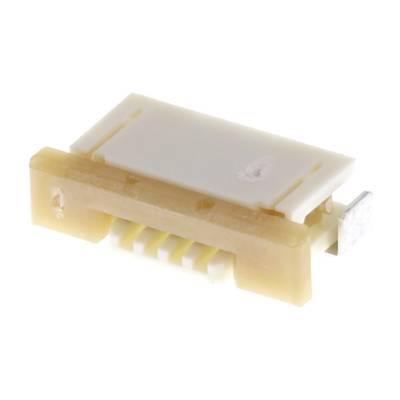 Mały, prostokątny wtyk elektroniczny z sześcioma punktami podłączeniowymi w jasnobrązowo-białej obudowie z tworzywa sztucznego.