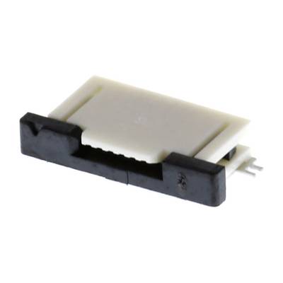 Czarno-biały złącz elektroniczny o płaskim profilu, nadający się do montażu na płytce drukowanej, przedstawiający boczny system zatrzaskowy.