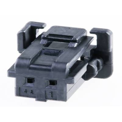 Czarny, prostokątny wtyk plastikowy z dwoma otworami, prawdopodobnie element elektryczny.