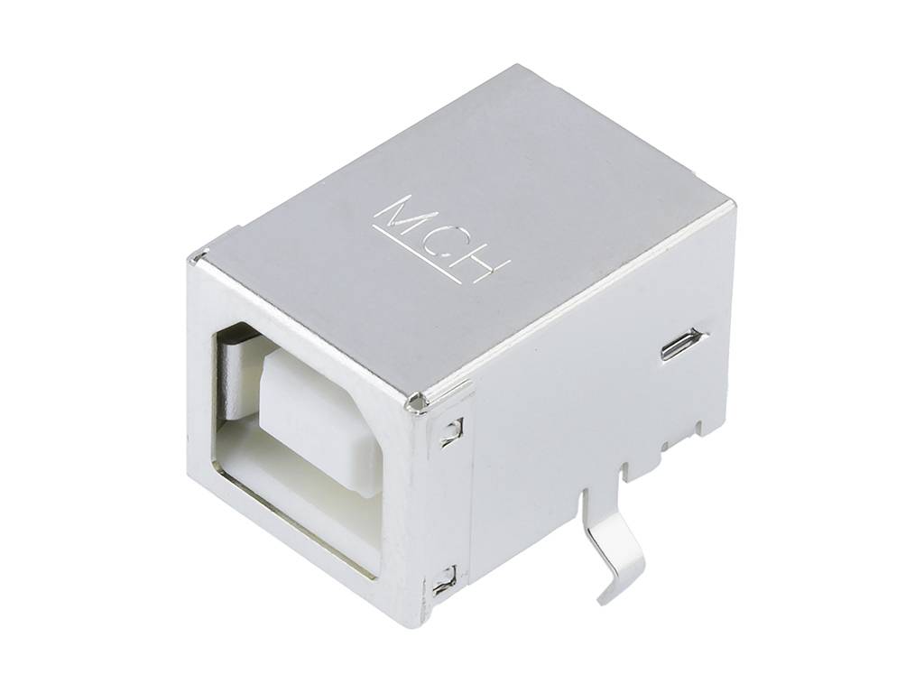 Metalowy, częściowo odsłonięty port USB A w kształcie prostokąta, przedstawiony na białym tle.