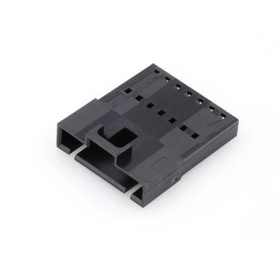 Czarny, prostokątny wtyk z tworzywa sztucznego z wieloma otworami i wyprofilowanym wzorem. Element techniczny do połączeń elektronicznych.