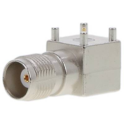 Metalowy złącznik koaksjalny RF z gwintowanym końcem i czterema bolcami, zwykle używany do podłączania kabli antenowych w urządzeniach elektronicznych.