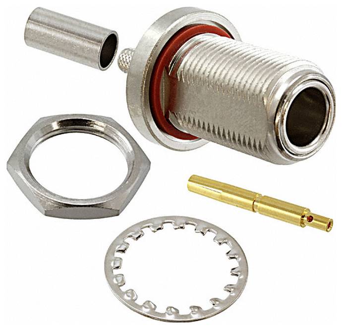 Zespół metalowego złącza współosiowego pokazujący cylindryczną obudowę, heksagonalną nakrętkę, podkładkę zabezpieczającą i pozłacaną stykową szpilkę.