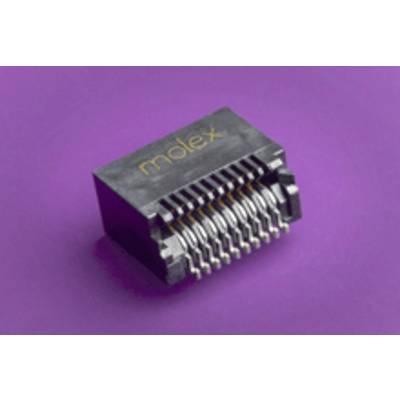 Czarny elektroniczny złącz wtykowy z napisem 'molex' na fioletowym tle.