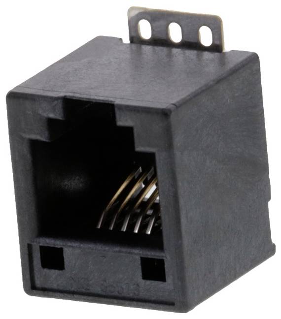 Zbliżone zdjęcie czarnego gniazda Ethernet RJ45 z widocznymi metalowymi złączami w środku, używanego do podłączania kabli sieciowych.