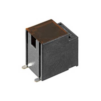 Czarny element elektroniczny z dwoma metalowymi złączami i przezroczystą brązową górną powierzchnią. Prawdopodobnie przekaźnik.
