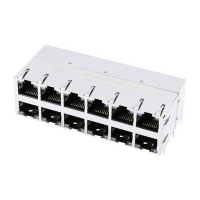 Moduł złącza sieciowego RJ45 z ośmioma portami ułożonymi równolegle, przeznaczony do połączeń Ethernet w urządzeniach sieciowych.