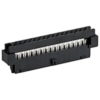 Czarny elektroniczny złącze wtykowe z wieloma metalowymi stykami ułożonymi w rzędzie. Odpowiedni do połączeń płytek drukowanych.
