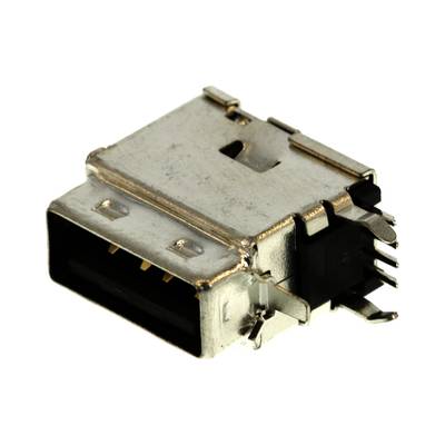 Metalowe złącze Micro USB-B z wieloma stykami, używane do podłączania urządzeń elektronicznych.