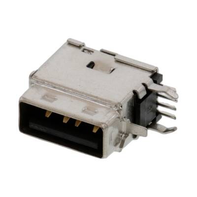 Metalowy wtyk USB z czterema złotymi stykami, zaciskiem mocującym z boku i stykami lutowniczymi z tyłu, przeznaczony do połączenia elektrycznego.