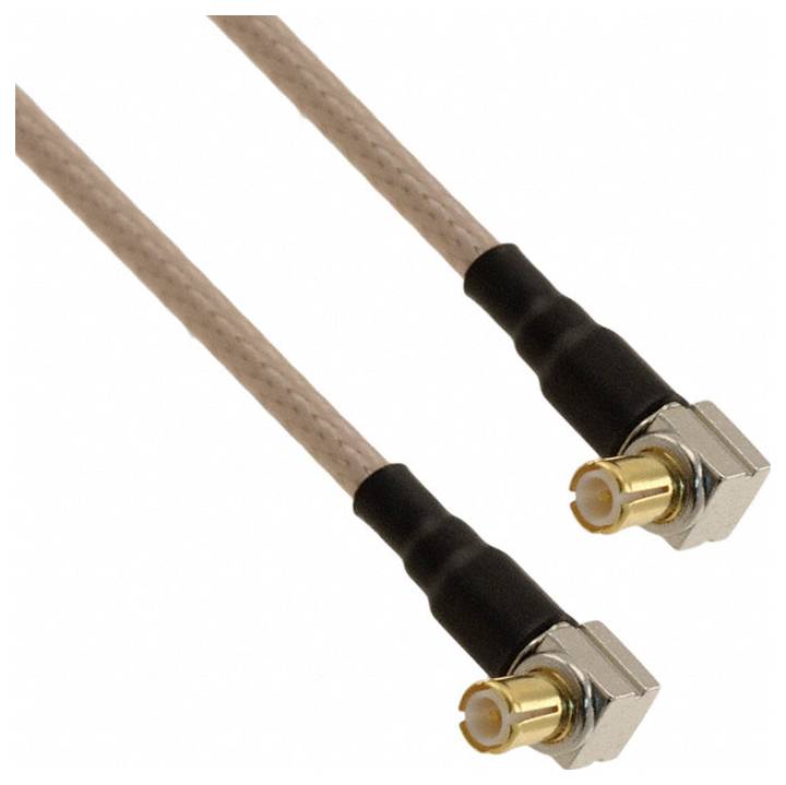 Kabel koaksjalny z dwoma złączami SMA, wyposażony w pozłacane kontakty i czarne osłonki ochronne.