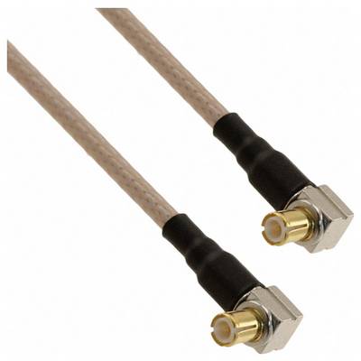 Kabel koaksjalny z dwoma złączami SMA, wyposażony w pozłacane kontakty i czarne osłonki ochronne.