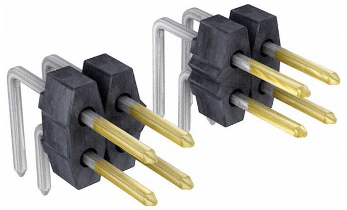 Dwa dwurzędowe złącza pinowe ze złoconymi stykami i obudowami z czarnego plastiku, zaprojektowane do podłączania elektronicznych obwodów drukowanych.