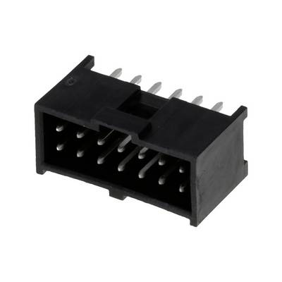 Czarny złącze z dwoma rzędami metalowych pinów, nadające się do elektrycznego połączenia urządzeń na płytkach drukowanych.