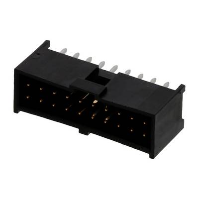 Czarny, prostokątny elektryczny złącz z wieloma złotymi stykami, przeznaczony do urządzeń elektronicznych.