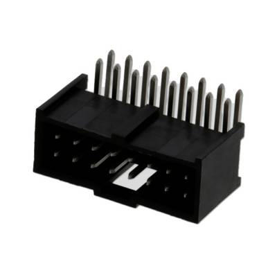 Czarny złącze z wieloma metalowymi stykami, używane do połączeń elektronicznych.