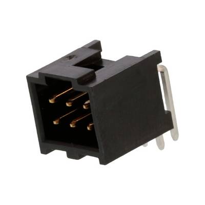 Czarny, prostokątny złącz elektroniczny z sześcioma złotymi pinami i metalowym mocowaniem z boku.