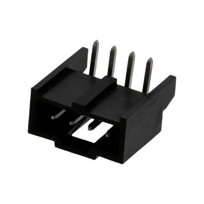 Czarny, prostokątny elektryczny złącze z czterema metalowymi stykami; służy do łączenia przewodów na płytkach drukowanych.