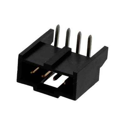 Czarny, czteropinowy złącz prostokątnego kształtu z czterema metalowymi stykami, stosowany w połączeniach elektronicznych.