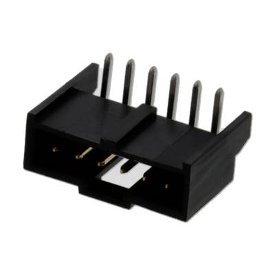 Czarny plastikowy złącz z sześcioma metalowymi stykami, stosowany do połączeń elektronicznych na płytkach drukowanych.